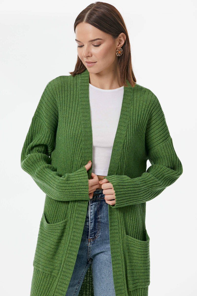 Oversize Uzun Triko Hırka - Yeşil (2) Sementa