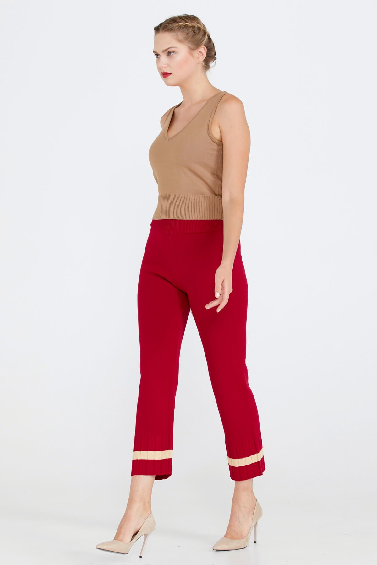 Paça Detaylı Triko Pantolon - Kırmızı (2) Sementa