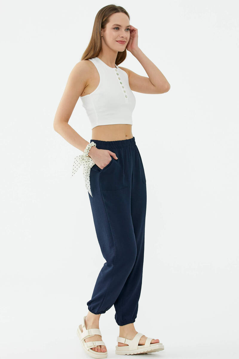 Paçası Lastikli Rahat Kalıp Krep Pantolon - Lacivert (3) Sementa
