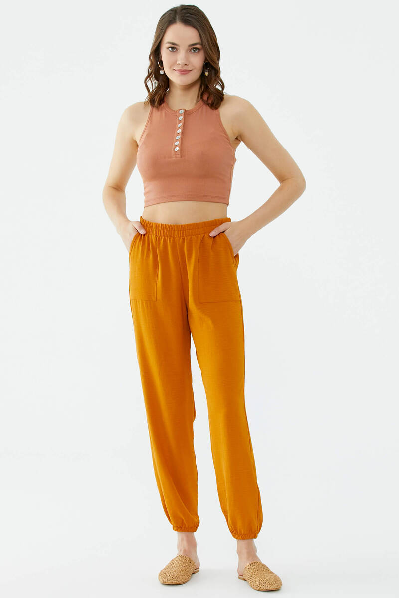 Paçası Lastikli Rahat Kalıp Krep Pantolon - Tarçın (1) Sementa