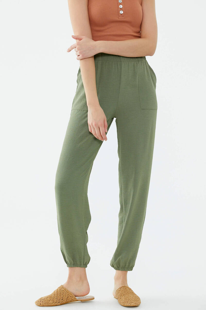 Paçası Lastikli Rahat Kalıp Krep Pantolon - Yeşil (3) Sementa