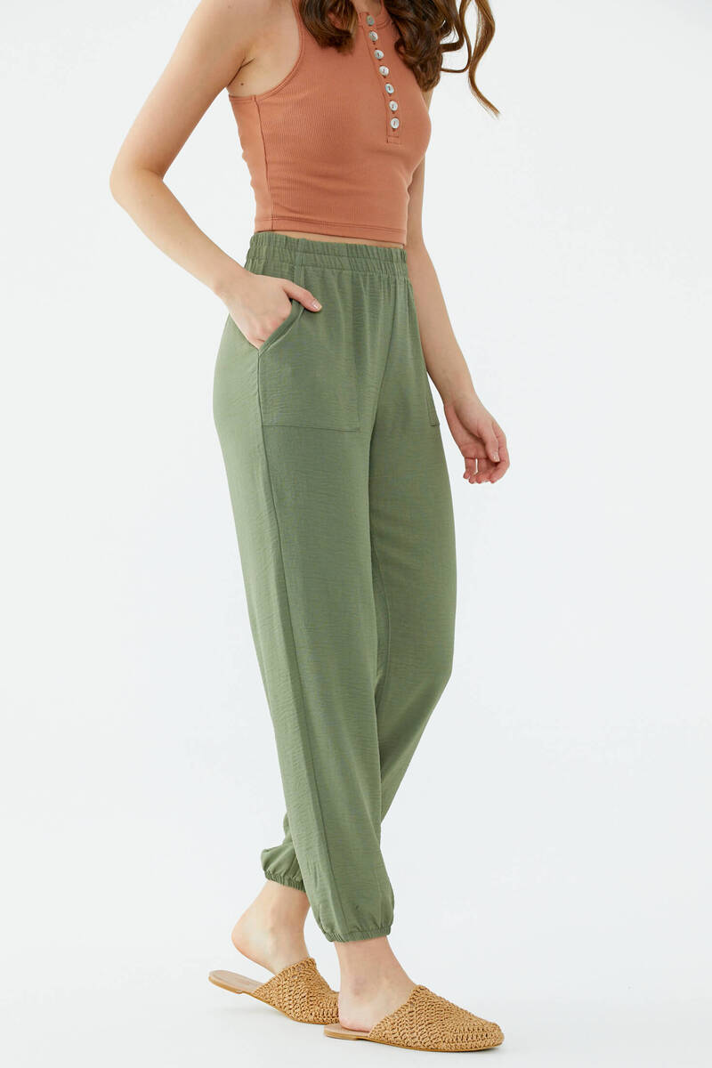 Paçası Lastikli Rahat Kalıp Krep Pantolon - Yeşil (4) Sementa