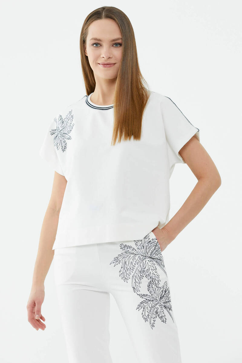 Palmiye Nakışlı Düşük Kısa Kol Sweatshirt - Ekru (2) Sementa