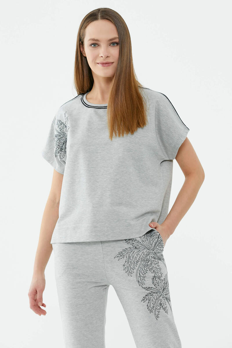 Palmiye Nakışlı Düşük Kısa Kol Sweatshirt - Gri (1) Sementa