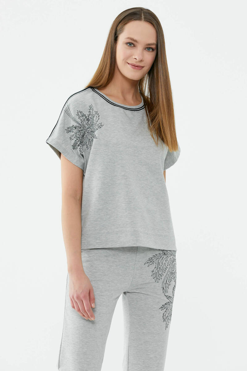 Palmiye Nakışlı Düşük Kısa Kol Sweatshirt - Gri (2) Sementa