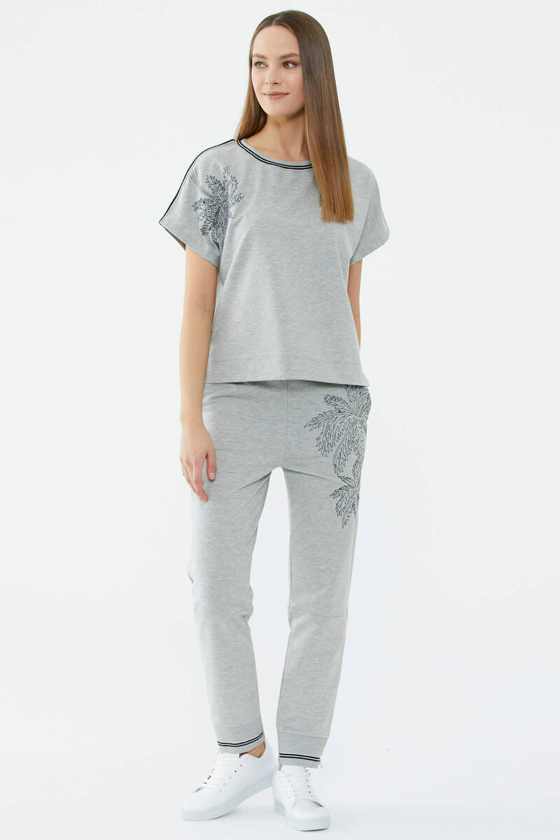 Palmiye Nakışlı Düşük Kısa Kol Sweatshirt - Gri (3) Sementa