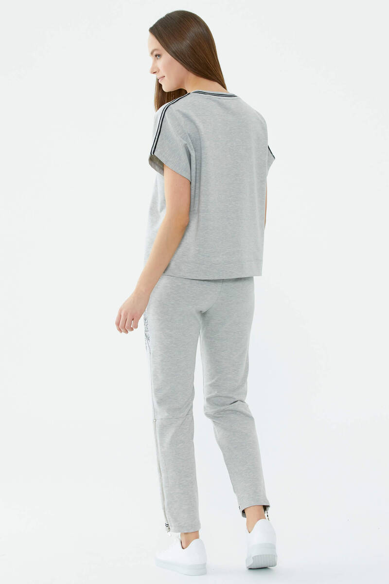 Palmiye Nakışlı Düşük Kısa Kol Sweatshirt - Gri (4) Sementa