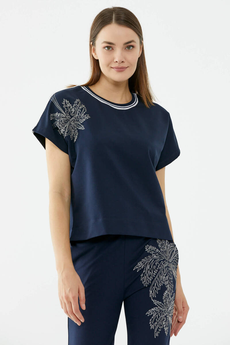 Palmiye Nakışlı Düşük Kısa Kol Sweatshirt - Lacivert (1) Sementa