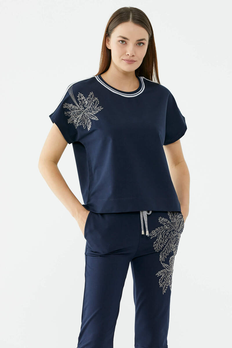 Palmiye Nakışlı Düşük Kısa Kol Sweatshirt - Lacivert (2) Sementa