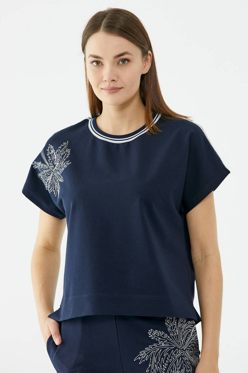 Palmiye Nakışlı Düşük Kısa Kol Sweatshirt - Lacivert (3) Sementa