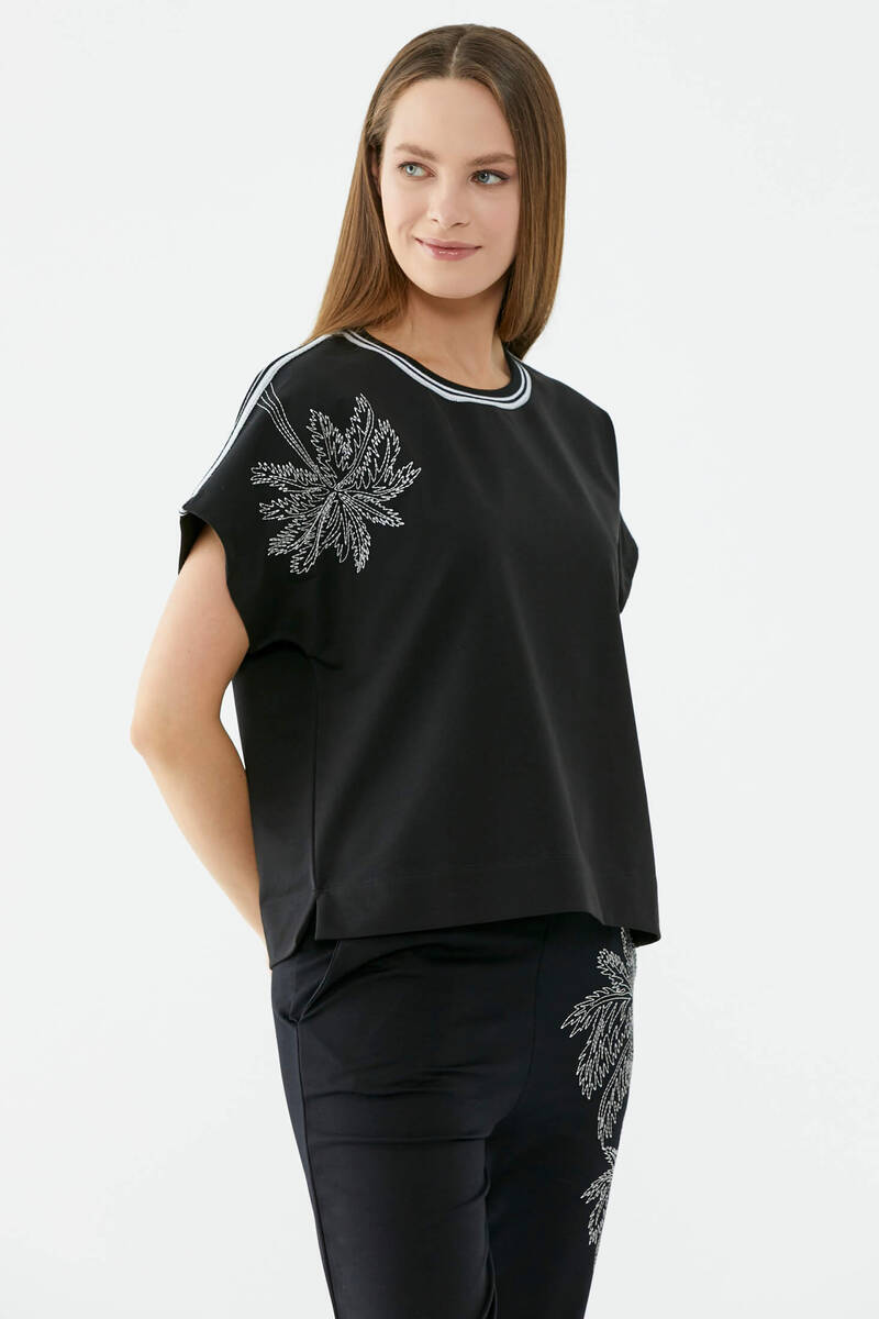 Palmiye Nakışlı Düşük Kısa Kol Sweatshirt - Siyah (1) Sementa