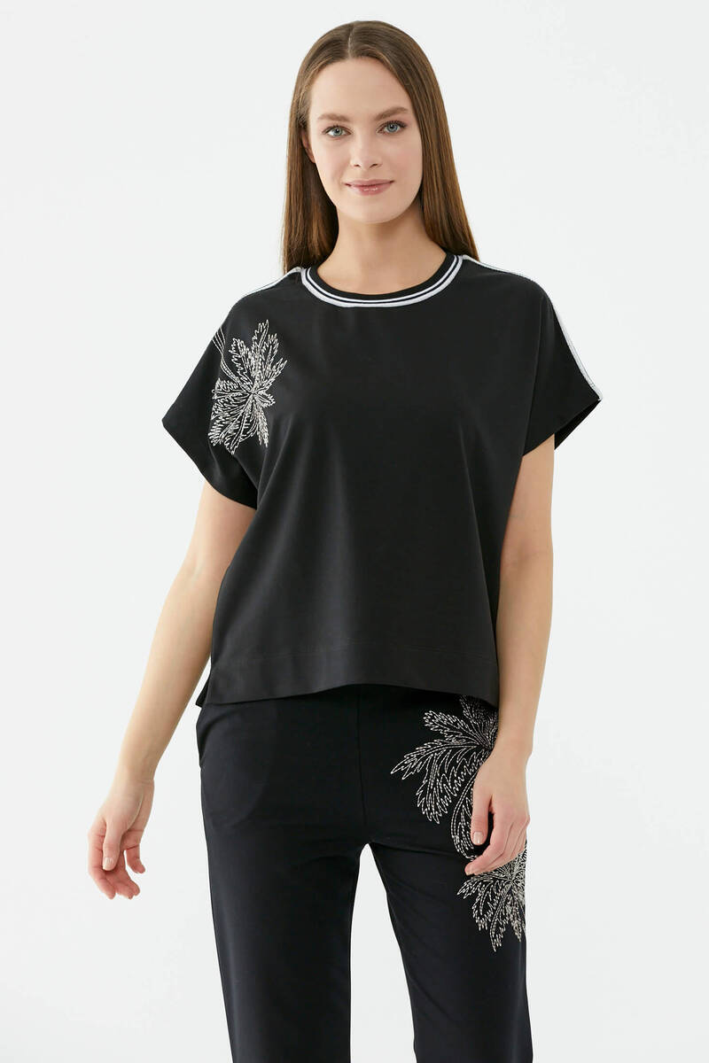 Palmiye Nakışlı Düşük Kısa Kol Sweatshirt - Siyah (2) Sementa