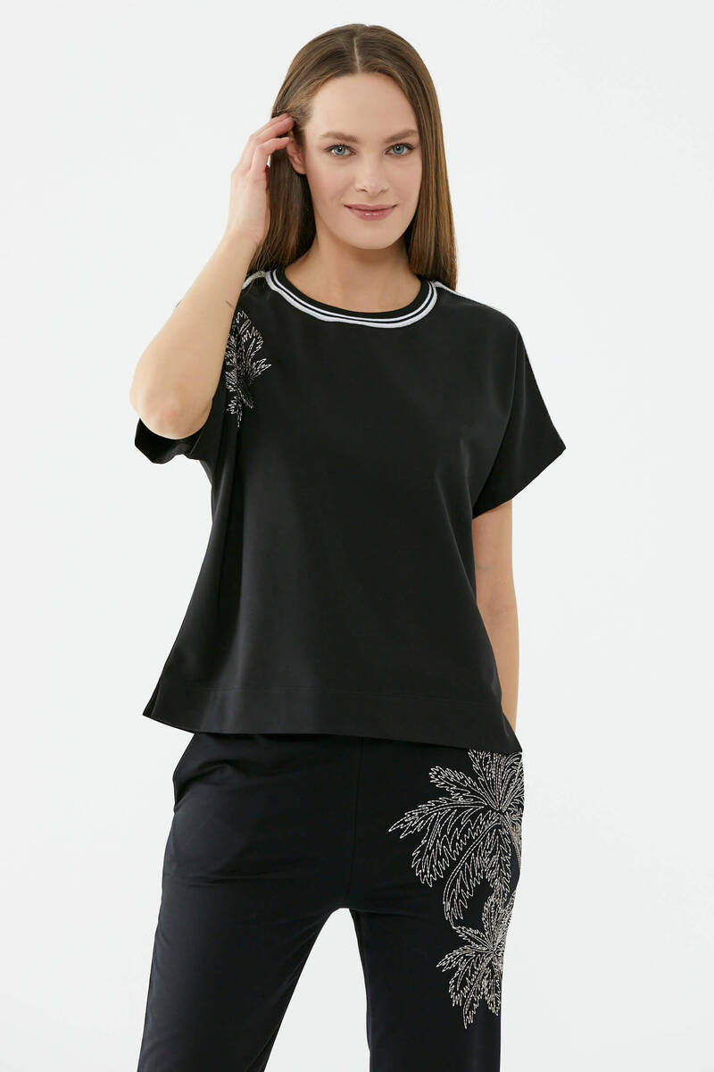 Palmiye Nakışlı Düşük Kısa Kol Sweatshirt - Siyah (3) Sementa