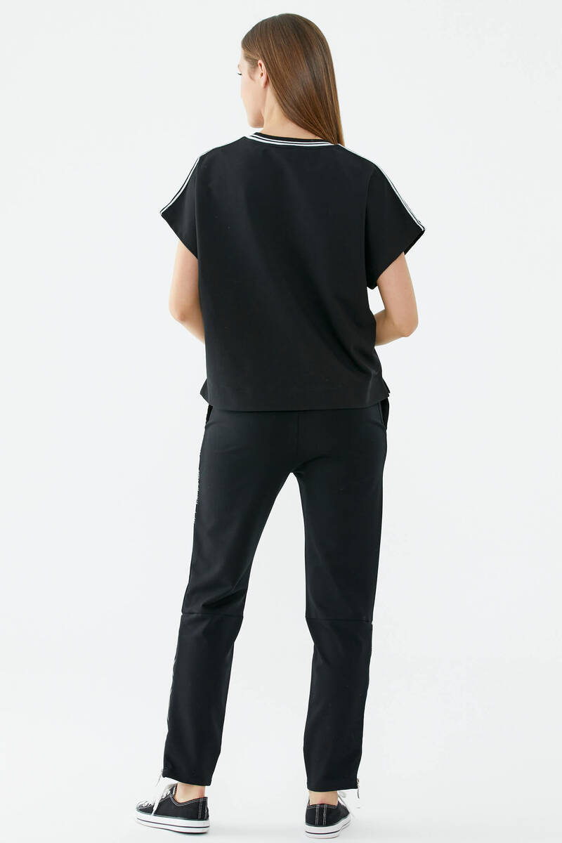 Palmiye Nakışlı Düşük Kısa Kol Sweatshirt - Siyah (4) Sementa