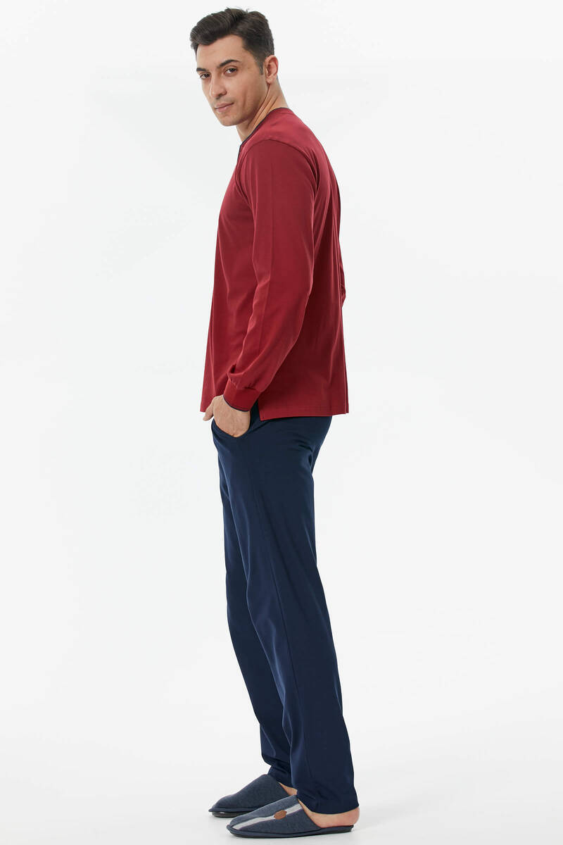 Pamuk Uzun Kol Pijama Takım - Bordo (3) Sementa
