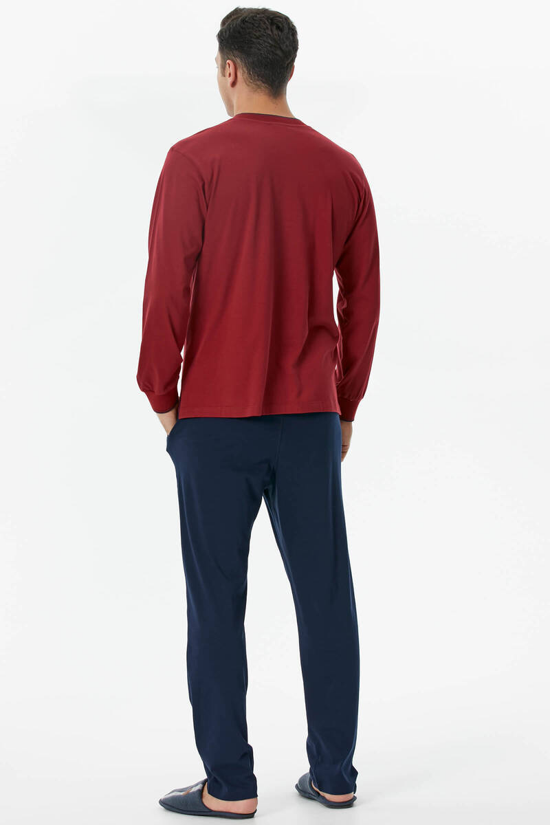 Pamuk Uzun Kol Pijama Takım - Bordo (4) Sementa