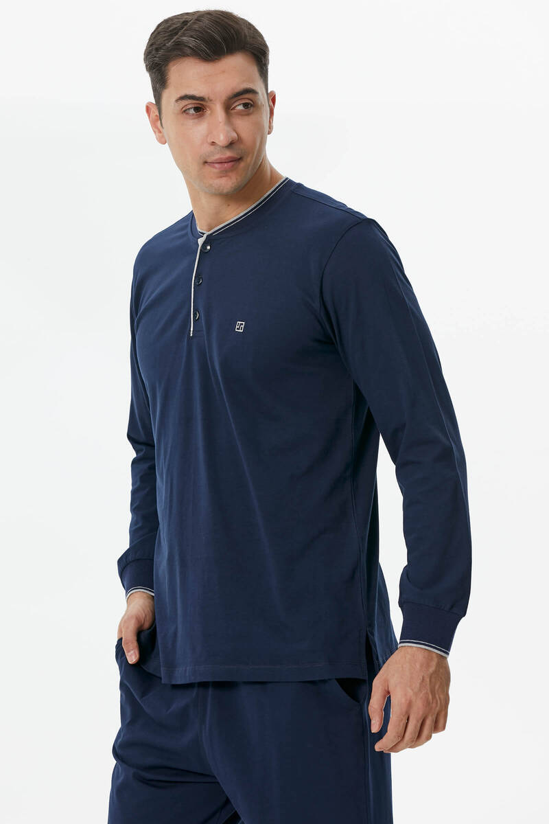 Pamuk Uzun Kol Pijama Takım - Lacivert (3) Sementa