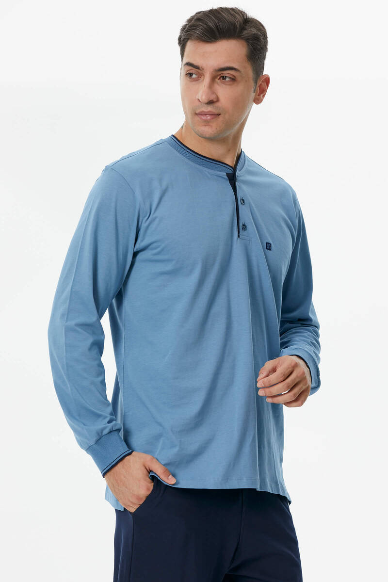 Pamuk Uzun Kol Pijama Takım - Mavi (1) Sementa