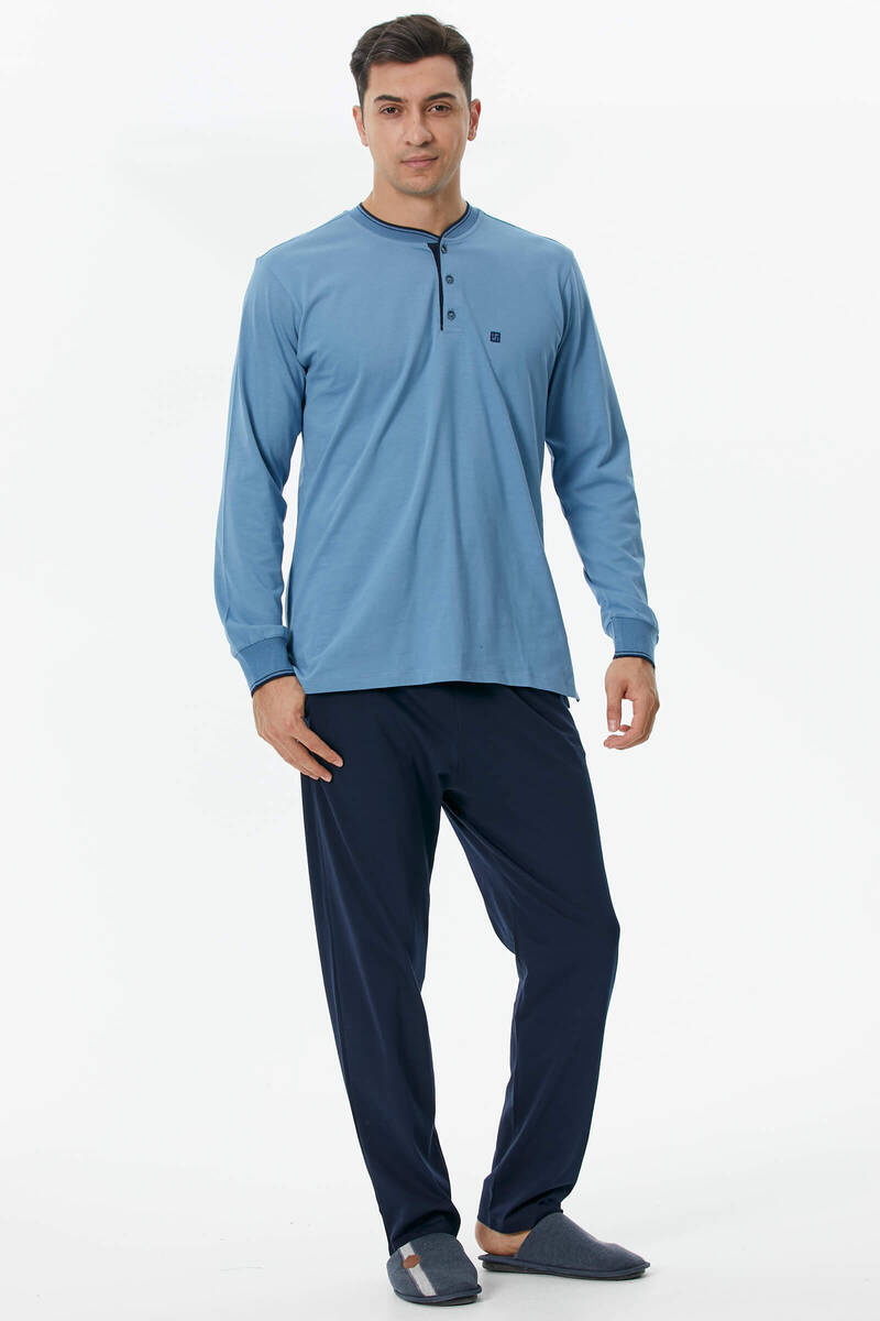 Pamuk Uzun Kol Pijama Takım - Mavi (2) Sementa