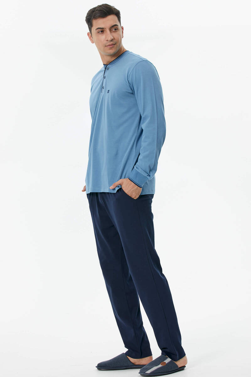 Pamuk Uzun Kol Pijama Takım - Mavi (4) Sementa