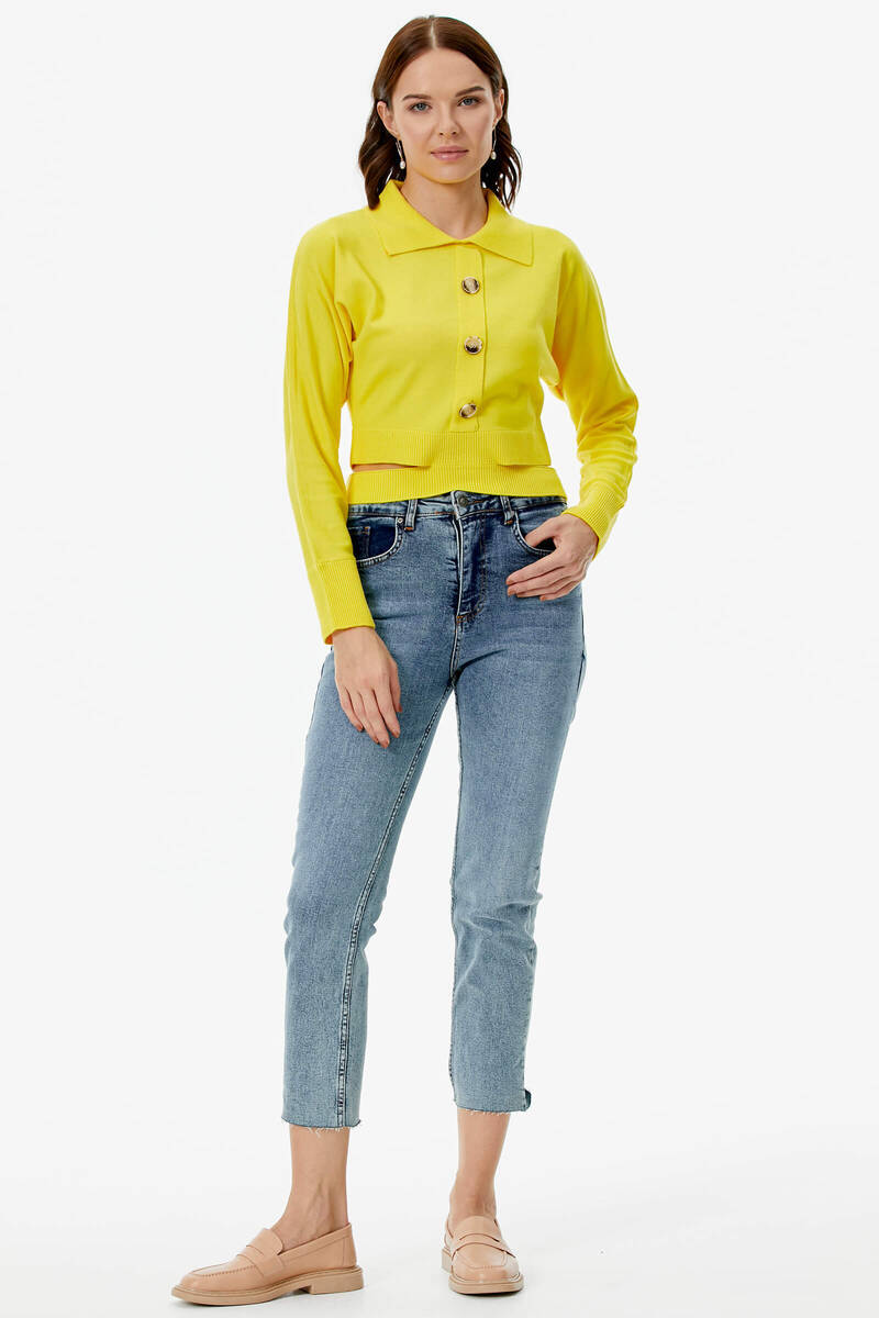 Parça Detaylı Polo Yaka Düğmeli Triko Crop - Açık Sarı (2) Sementa