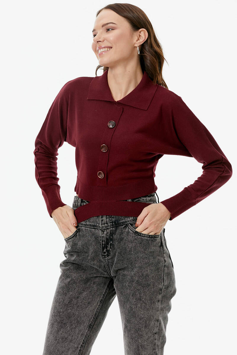 Parça Detaylı Polo Yaka Düğmeli Triko Crop - Bordo (1) Sementa
