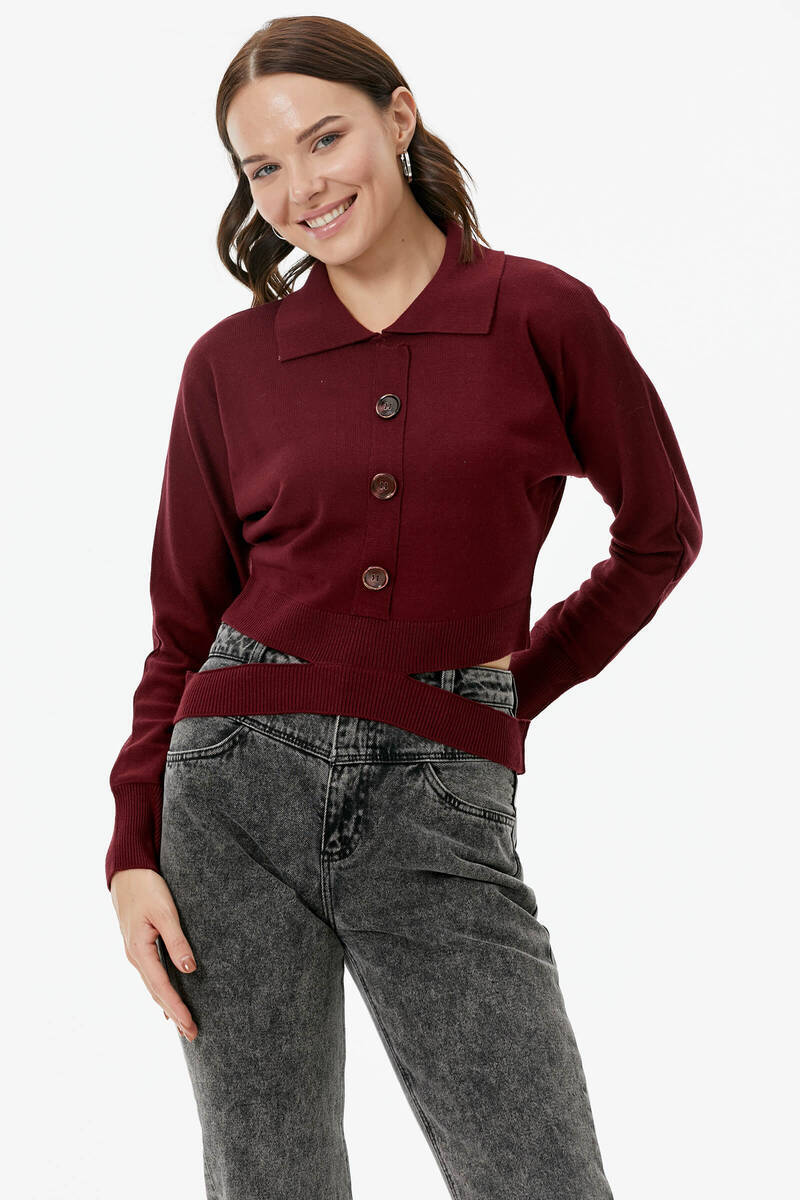 Parça Detaylı Polo Yaka Düğmeli Triko Crop - Bordo (2) Sementa