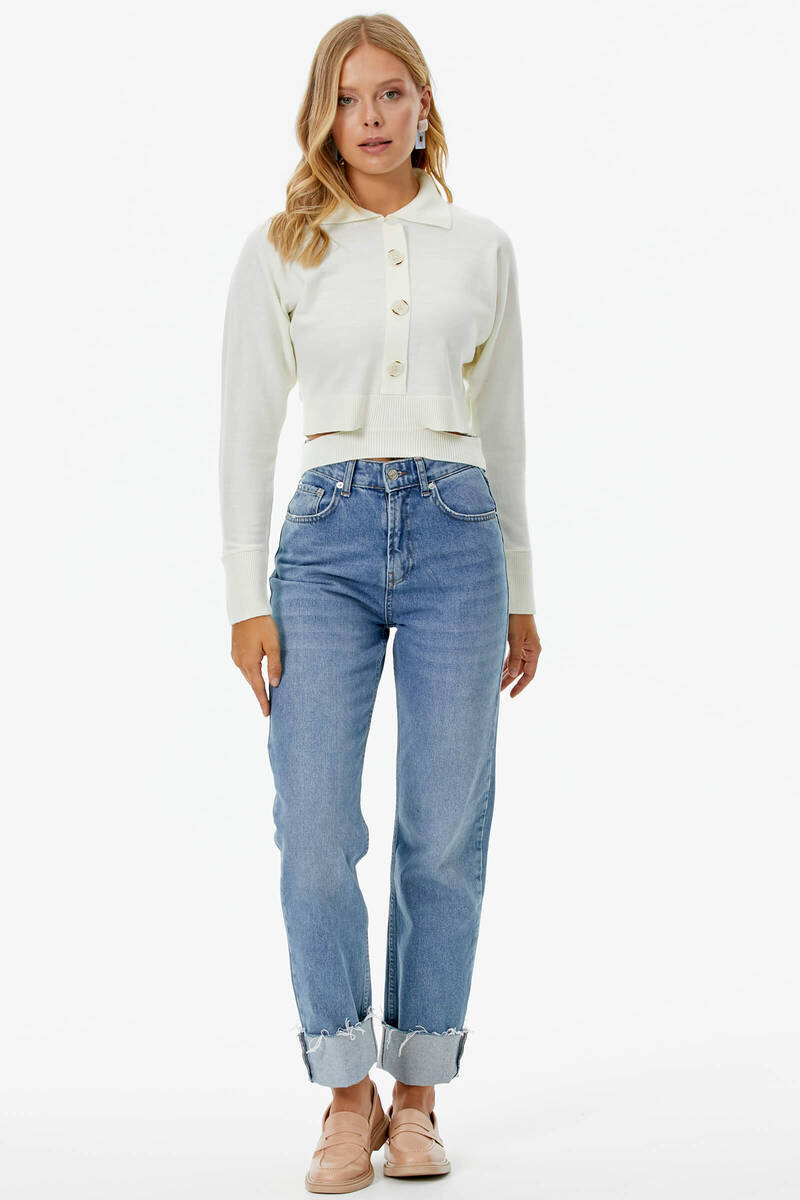 Parça Detaylı Polo Yaka Düğmeli Triko Crop - Kemik (2) Sementa