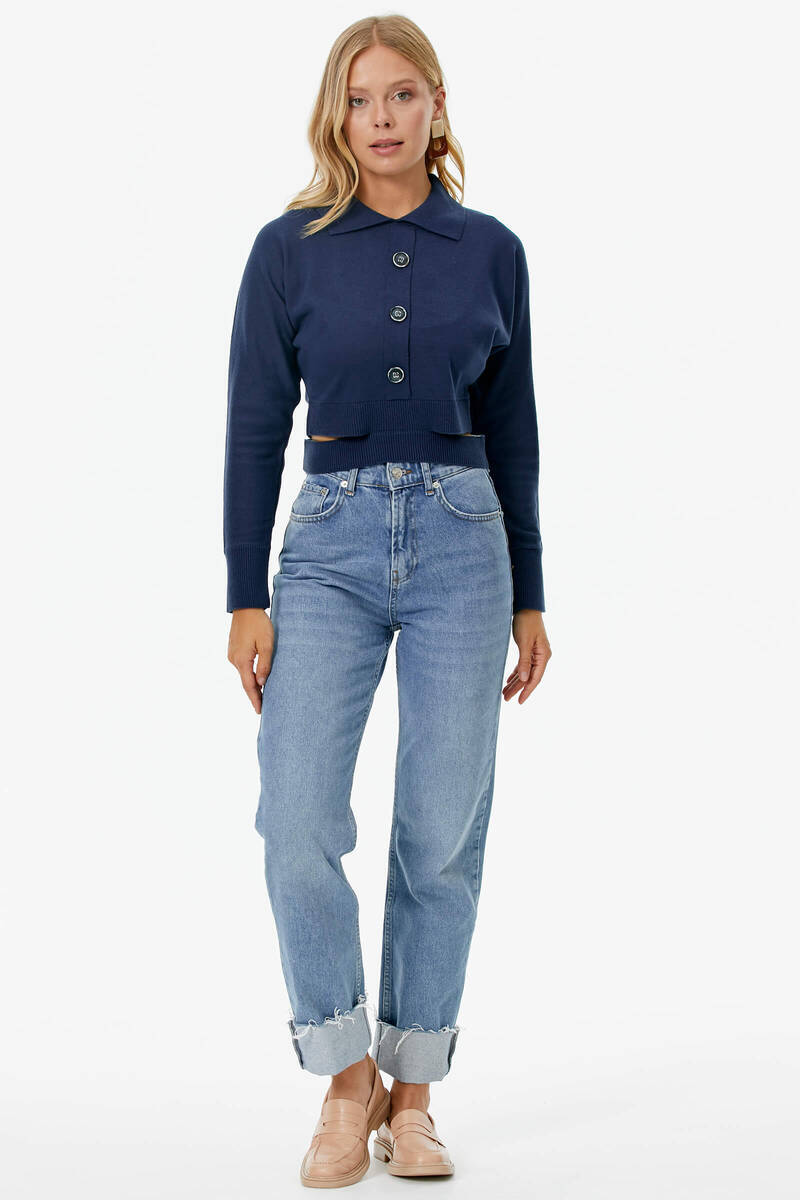 Parça Detaylı Polo Yaka Düğmeli Triko Crop - Lacivert (2) Sementa