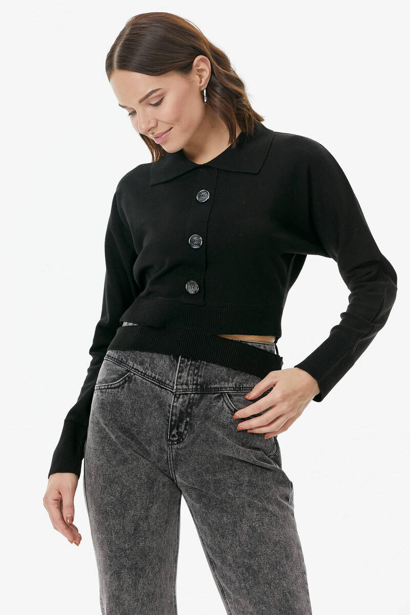 Parça Detaylı Polo Yaka Düğmeli Triko Crop - Siyah (1) Sementa