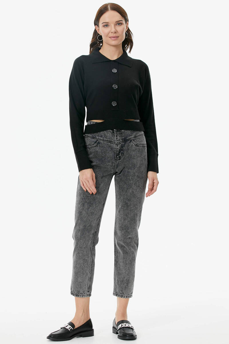 Parça Detaylı Polo Yaka Düğmeli Triko Crop - Siyah (2) Sementa