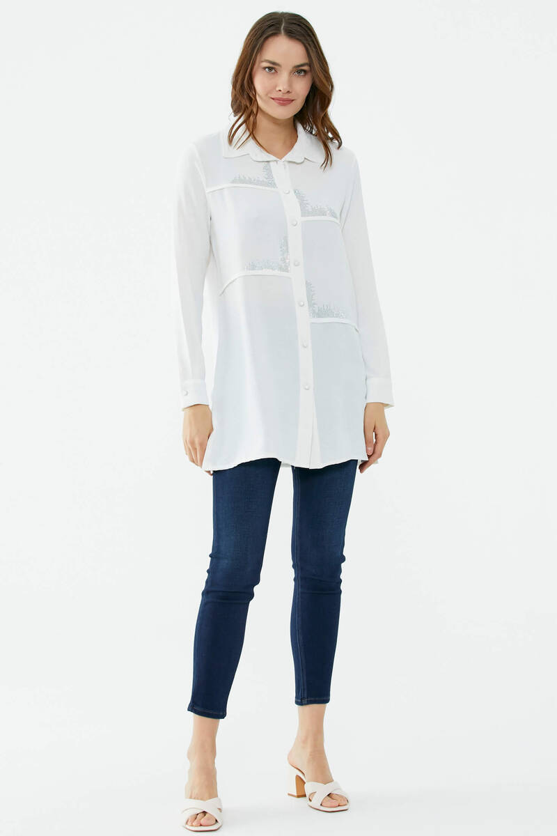 Parçalı Taş Detaylı Uzun Krep Gömlek - Ekru (1) Sementa