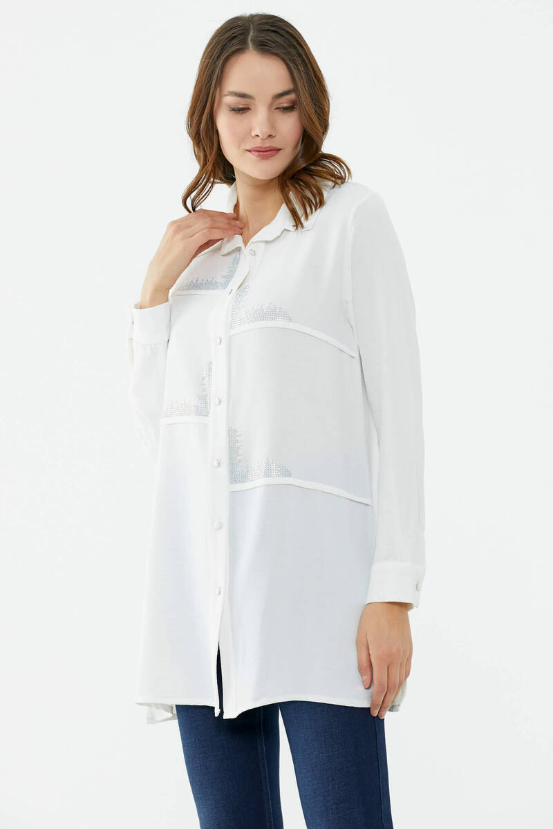 Parçalı Taş Detaylı Uzun Krep Gömlek - Ekru (2) Sementa