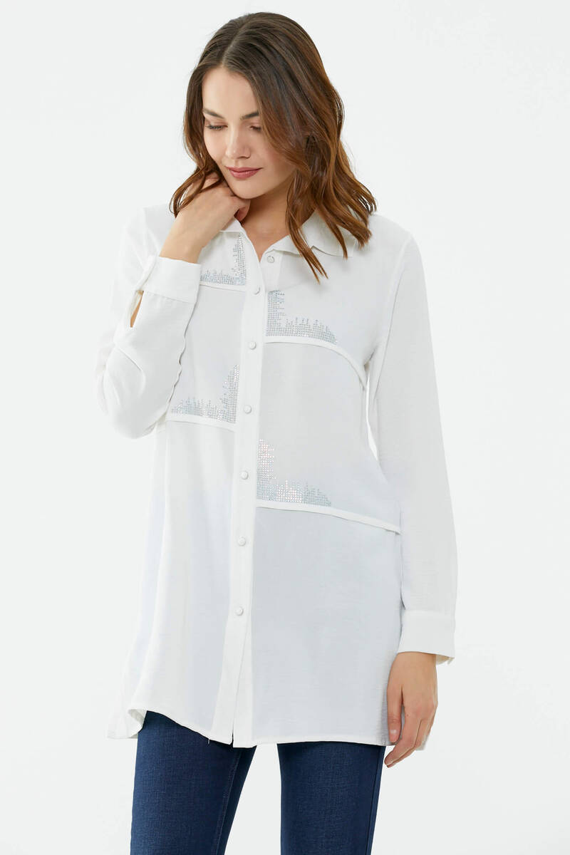 Parçalı Taş Detaylı Uzun Krep Gömlek - Ekru (3) Sementa