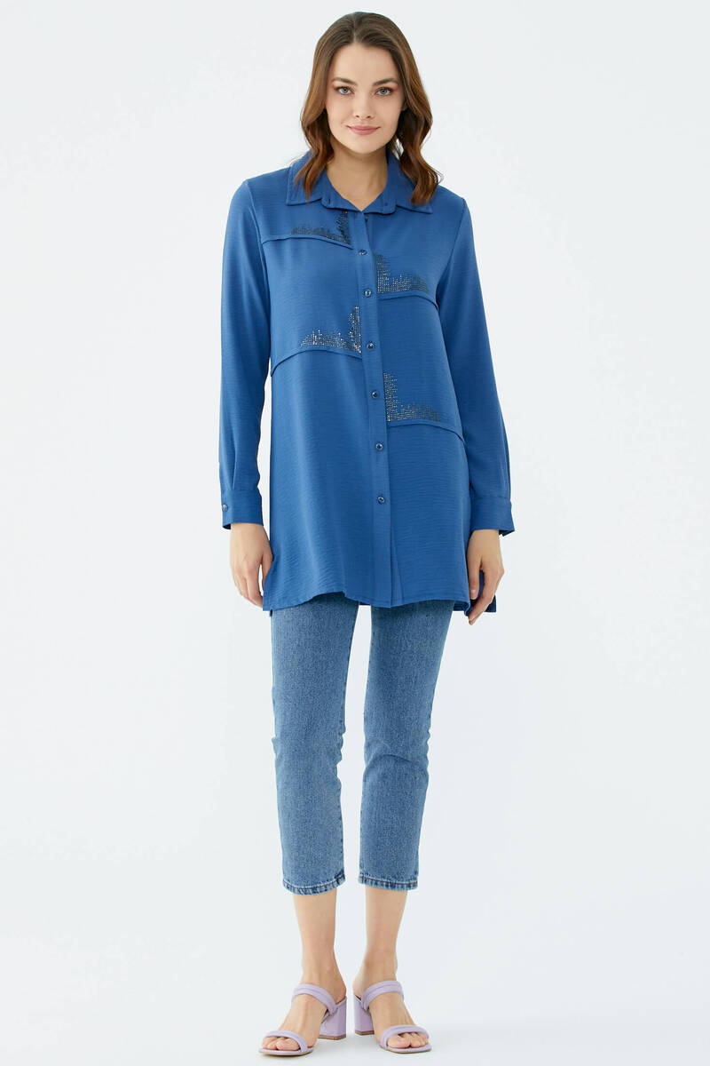 Parçalı Taş Detaylı Uzun Krep Gömlek - Indigo (1) Sementa