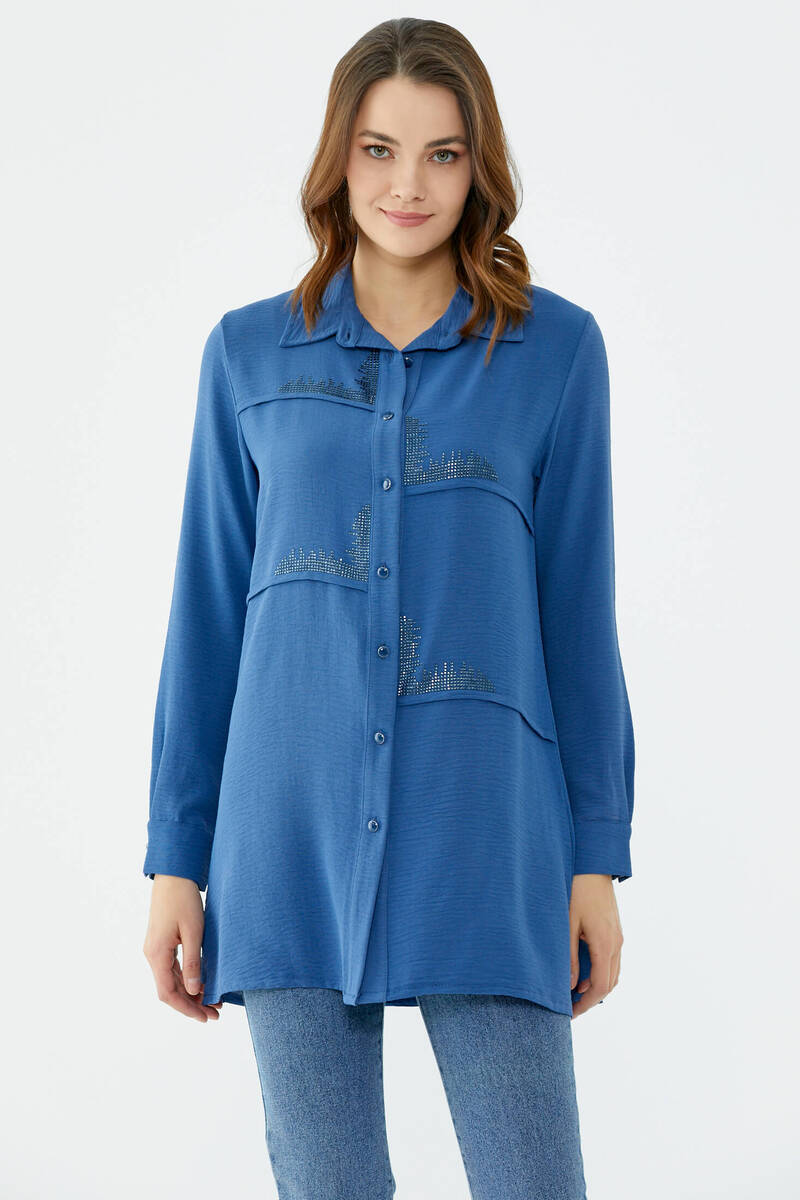 Parçalı Taş Detaylı Uzun Krep Gömlek - Indigo (2) Sementa