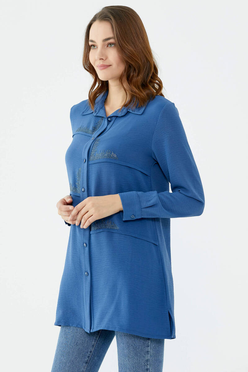 Parçalı Taş Detaylı Uzun Krep Gömlek - Indigo (3) Sementa