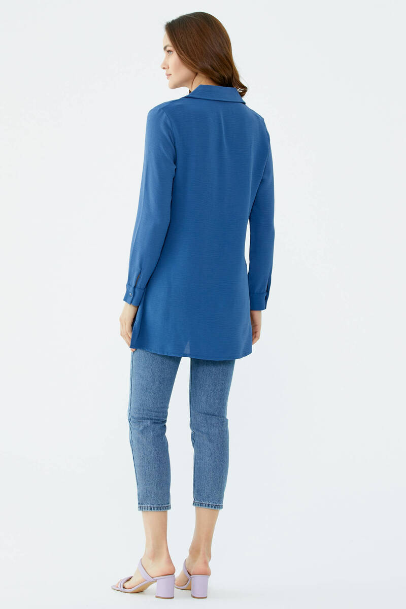 Parçalı Taş Detaylı Uzun Krep Gömlek - Indigo (4) Sementa