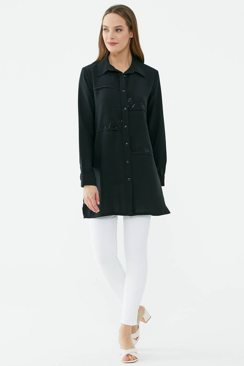 Parçalı Taş Detaylı Uzun Krep Gömlek - Siyah (1) Sementa