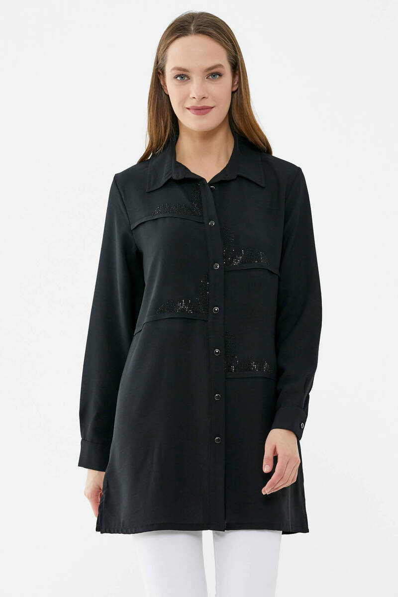 Parçalı Taş Detaylı Uzun Krep Gömlek - Siyah (2) Sementa