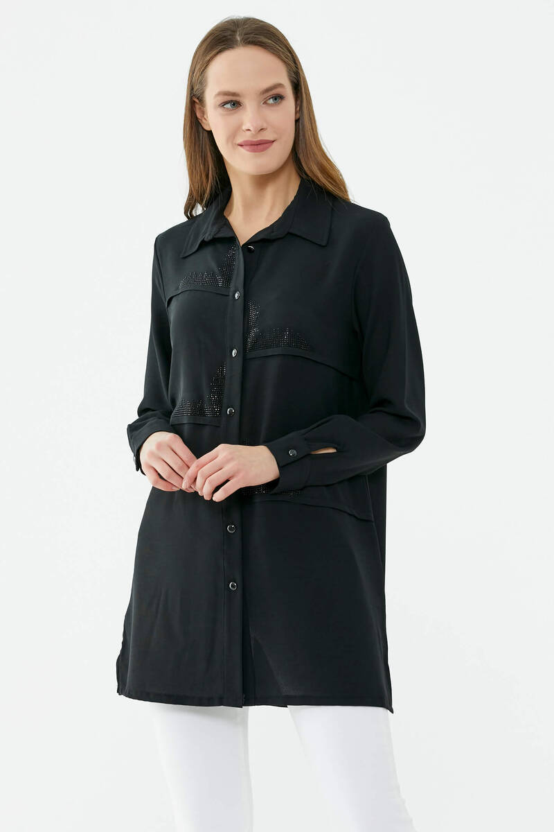 Parçalı Taş Detaylı Uzun Krep Gömlek - Siyah (3) Sementa