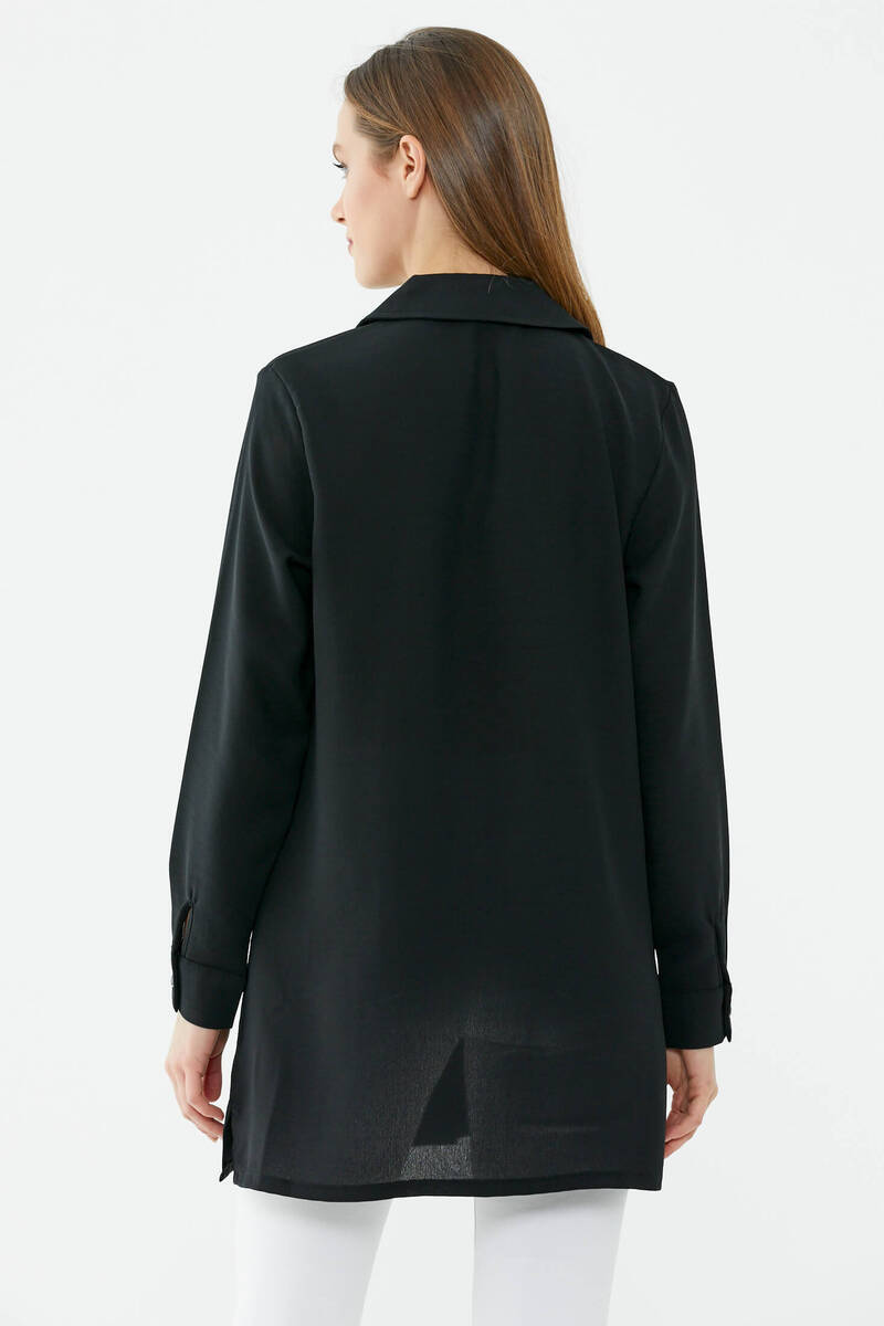 Parçalı Taş Detaylı Uzun Krep Gömlek - Siyah (4) Sementa