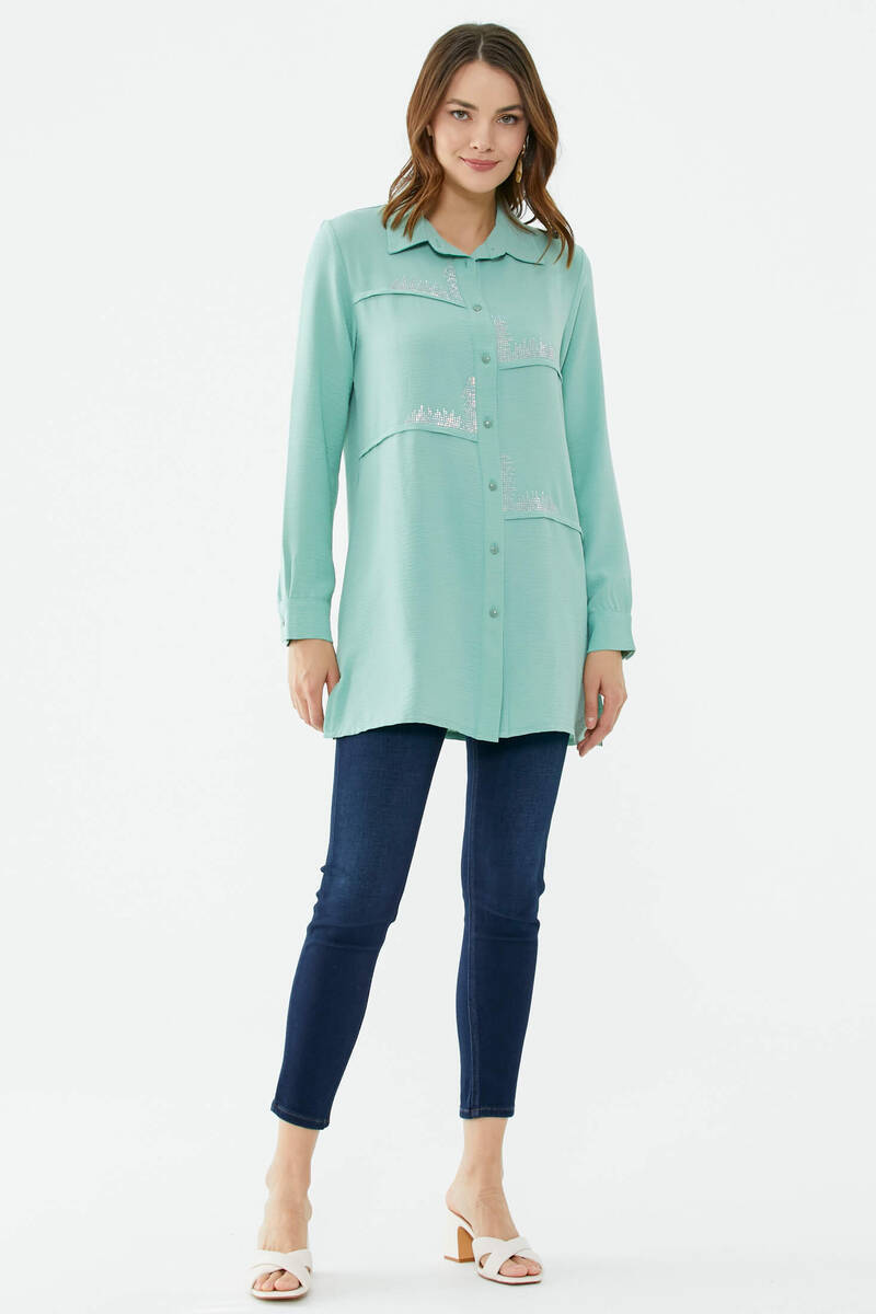 Parçalı Taş Detaylı Uzun Krep Gömlek - Yeşil (1) Sementa