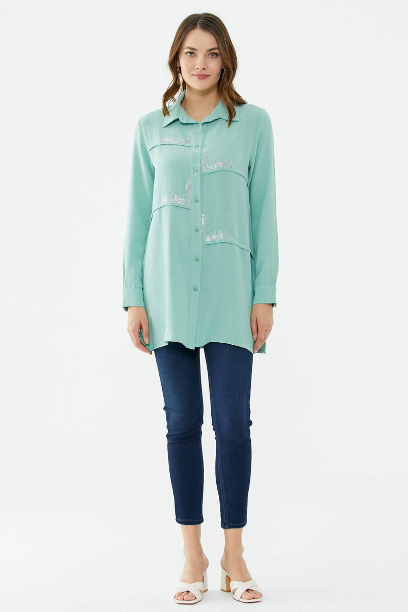 Parçalı Taş Detaylı Uzun Krep Gömlek - Yeşil (2) Sementa