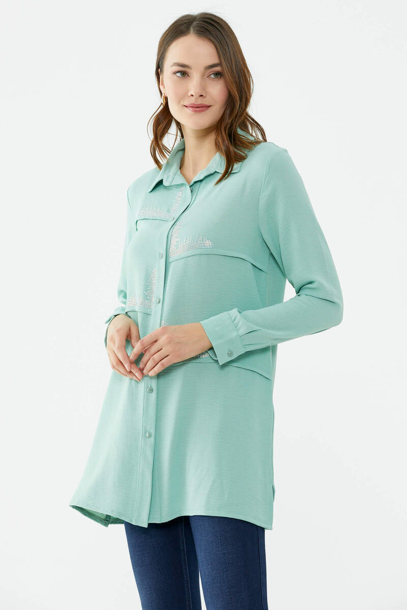 Parçalı Taş Detaylı Uzun Krep Gömlek - Yeşil (3) Sementa