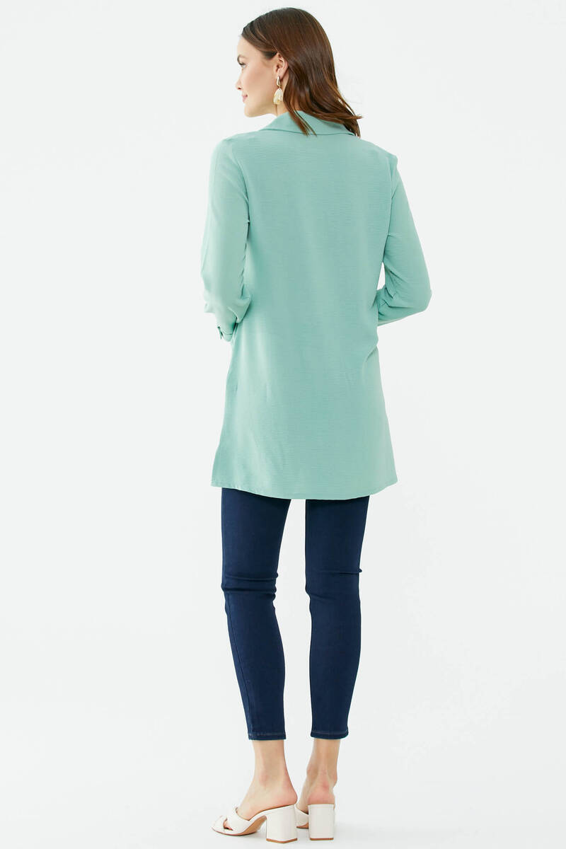 Parçalı Taş Detaylı Uzun Krep Gömlek - Yeşil (4) Sementa