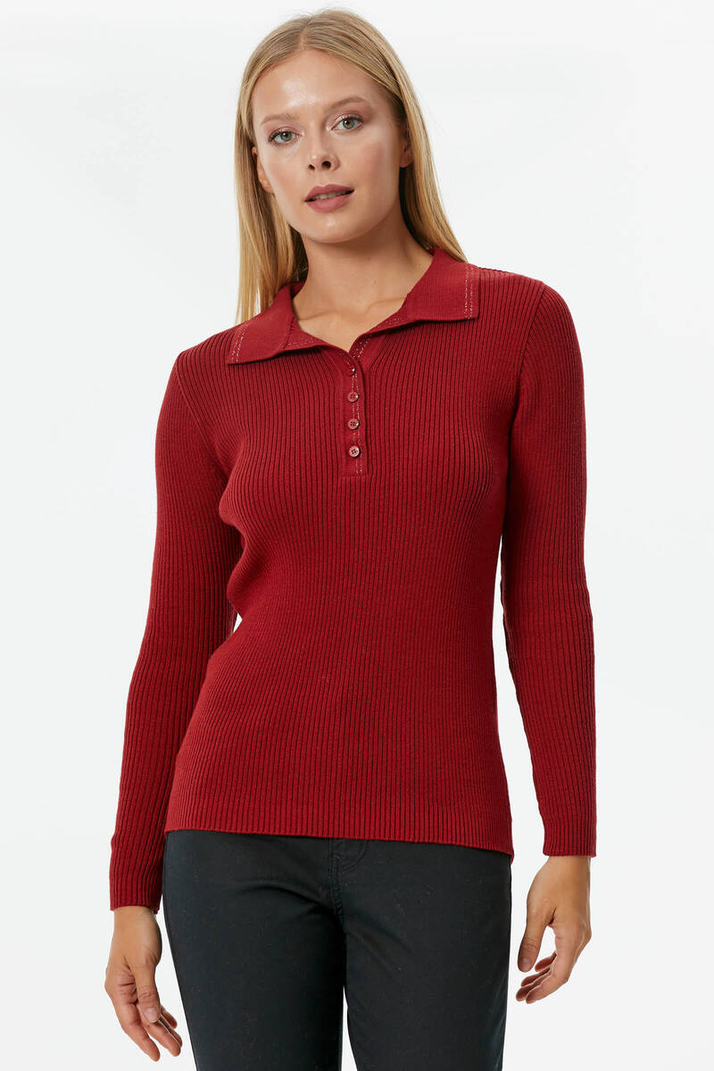 Patlı Polo Yaka Düğmeli Triko Kazak - Kırmızı (1) Sementa