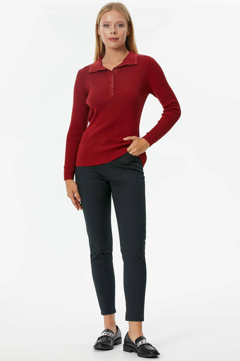 Patlı Polo Yaka Düğmeli Triko Kazak - Kırmızı (2) Sementa