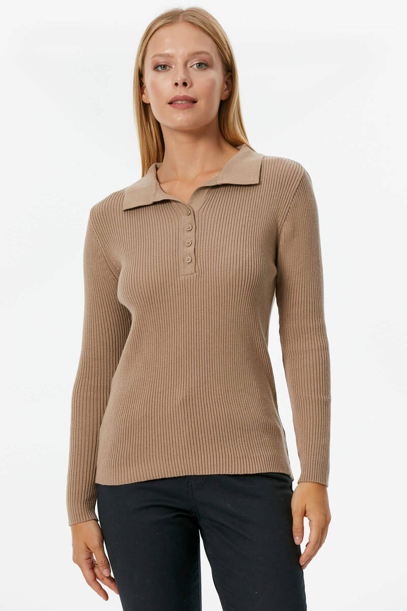 Patlı Polo Yaka Düğmeli Triko Kazak - Kum (1) Sementa