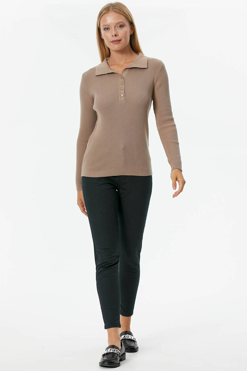 Patlı Polo Yaka Düğmeli Triko Kazak - Kum (2) Sementa